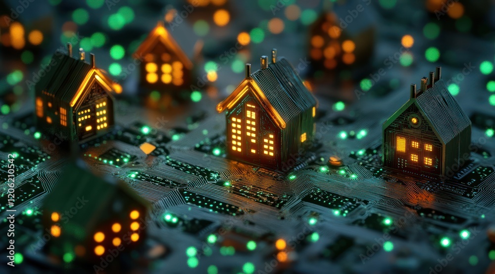 Obraz premium Illuminated houses on circuit board, digital city, glowing background, smart home concept