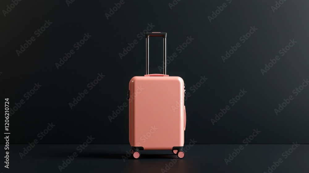 Pastel pink carry-on suitcase stands alone against a dark background. Ready for travel and adventure! Pastel pink carry-on suitcase stands alone against a dark background. Ready for travel and adventure!