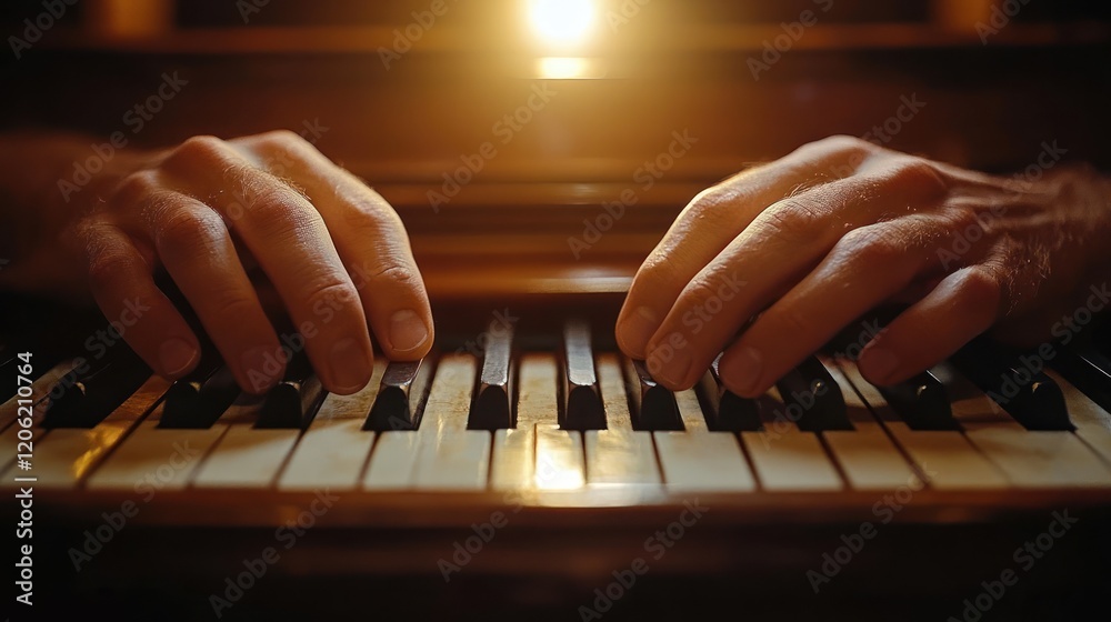 Hands playing piano keys in dimly lit room Hands playing piano keys in dimly lit room