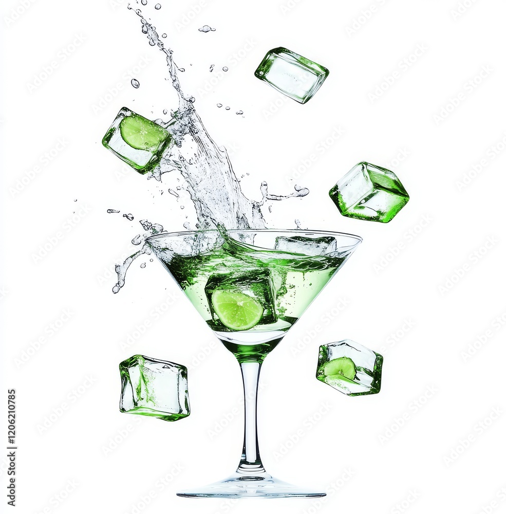 A lime slice descends into a sparkling green cocktail, isolated against a clean white canvas A lime slice descends into a sparkling green cocktail, isolated against a clean white canvas