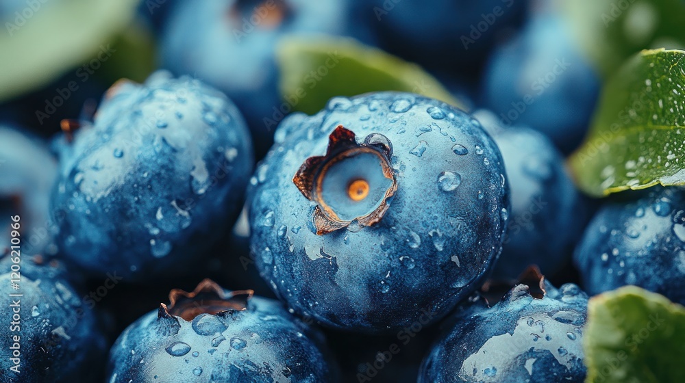 Fresh Blueberries, Dewdrops, Leaves, Closeup, Harvest Fresh Blueberries, Dewdrops, Leaves, Closeup, Harvest
