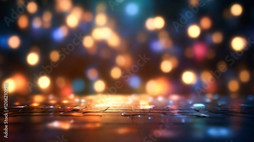 Dark background with bokeh lights reflecting on a textured surface