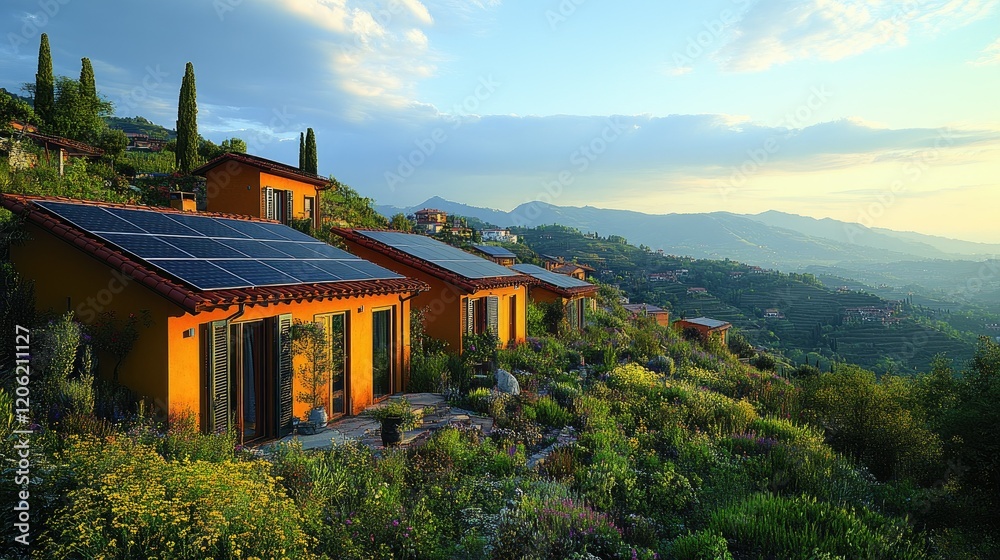 Obraz premium Scenic hillside homes with solar panels surrounded by lush greenery and mountains at sunset.