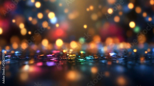 Colorful bokeh lights reflected on wet surface night scene