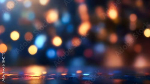Dark background with blurred colorful lights reflecting on a surface