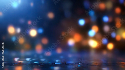 Dark background with colorful bokeh lights reflecting on a surface,