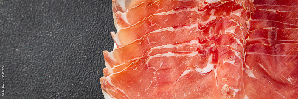 Jamon meat iberico or serrano snack aperitif fresh tasty food dish gourmet food background on the table rustic food top view copy space Jamon meat iberico or serrano snack aperitif fresh tasty food dish gourmet food background on the table rustic food top view copy space