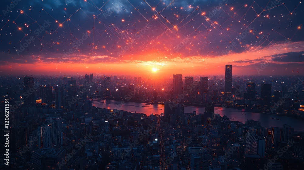 Obraz premium Sunset cityscape, network connections, global communication, technology, futuristic