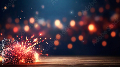 Festive Fireworks Display on Wooden Table Night Background,