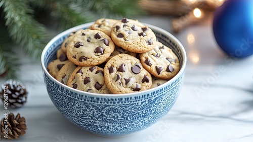 A decorative bowl brimming with freshly baked chocolate chip cookies sits invitingly on a table, evoking warmth, comfort, and the irresistible allure of homemade treats. photo