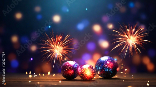 Festive baubles sparkle with fireworks a New Year celebration,