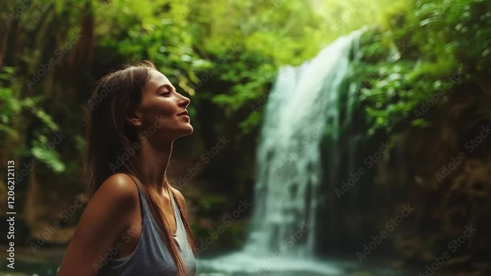 Young girl bathing scene with waterfall background, smooth repeating motion for background video animation. Young girl bathing scene with waterfall background, smooth repeating motion for background video animation.