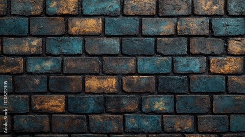 Textured brick wall, dark teal and amber hues,  background suitable for design elements photo