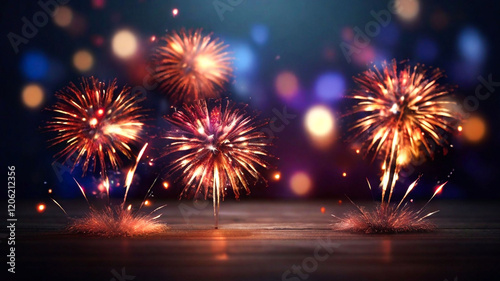 Festive Fireworks Display on Wooden Surface Night Celebration,