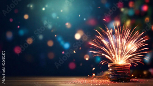Fireworks explode from a stack of coins celebrating wealth and success