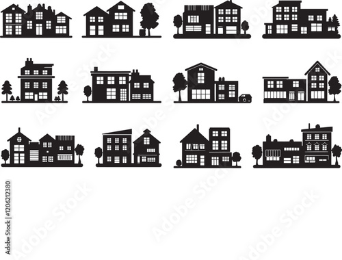 Building icon set. Containing house, office, bank, school, hotel, shop, university, hospital, church, museum, mosque, skyscraper, factory, architecture, city and more. Vector illustration