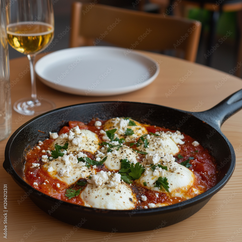 Cast iron skillet filled with shakshuka topped with feta