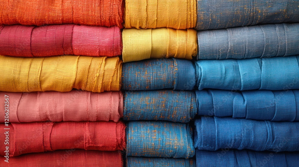 Colorful fabrics stacked in rows, vibrant display of textiles, market stall Colorful fabrics stacked in rows, vibrant display of textiles, market stall