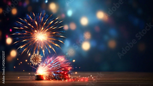 Fireworks explode over a coin on wood festive celebration