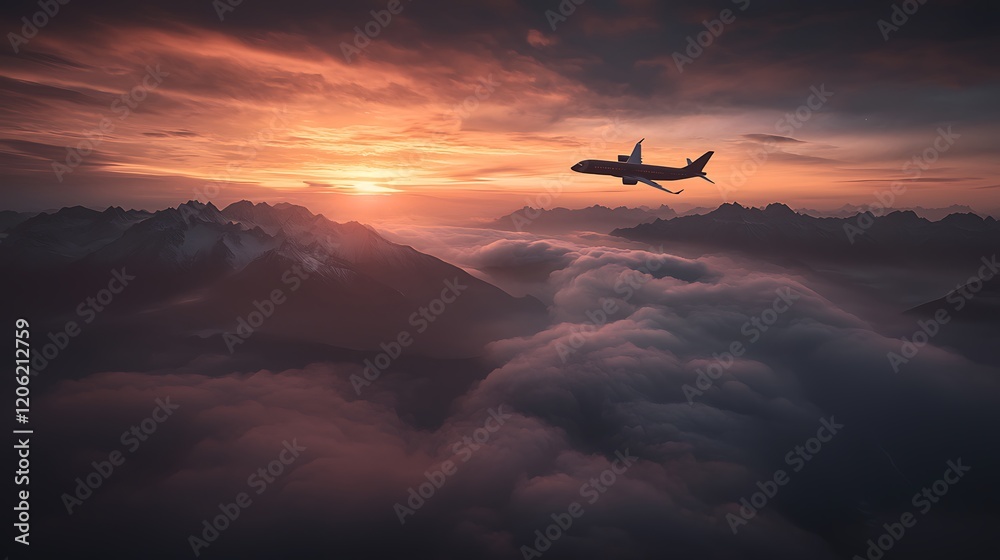 Airplane sunset flight above mountain cloudscape Airplane sunset flight above mountain cloudscape