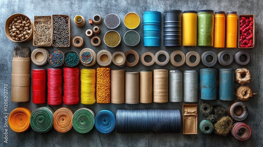 Colorful recycled materials arranged on a gray surface; various tubes, rolls, and containers Colorful recycled materials arranged on a gray surface; various tubes, rolls, and containers