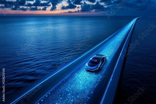 Futuristic car with illuminated design elements driving on a bridge over a body of water