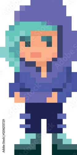 Cyberpunk pixel art girl in boots and hoodie cool egdy 8 bit vector graphic element full body