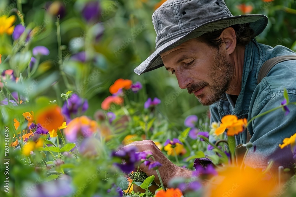 Experienced Gardener Putting the Finishing Touches on a Freshly Designed Garden Experienced Gardener Putting the Finishing Touches on a Freshly Designed Garden