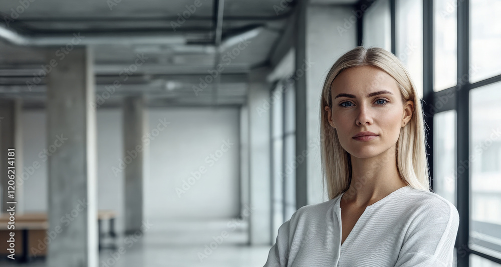 Confident Businesswoman in Modern Office Setting with Natural Light Confident Businesswoman in Modern Office Setting with Natural Light