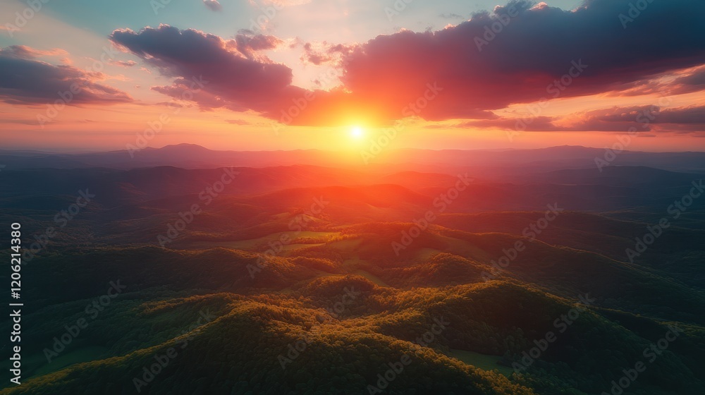 Fototapeta premium Aerial Sunset Over Mountain Ranges