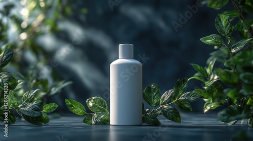 Blank cosmetic bottle surrounded by lush greenery in a dark forest setting photo