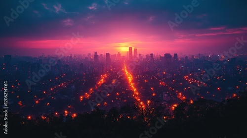 Cityscape at Sunset, Streetlights Glowing, Aerial View, Dusk photo