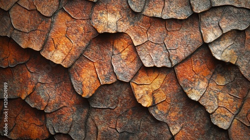 A visually captivating textured pattern resembling a cracked earth surface, showcasing vibrant rust colors and layered details, evoking nature's rugged beauty. photo