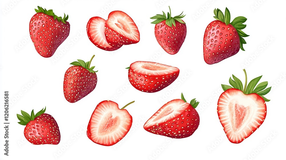 Fresh strawberries sliced and whole displayed on a clean white background for vibrant food presentation Fresh strawberries sliced and whole displayed on a clean white background for vibrant food presentation