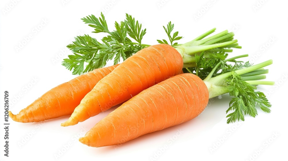Fresh carrots with green leaves isolated on a white background showcasing natural color and texture Fresh carrots with green leaves isolated on a white background showcasing natural color and texture