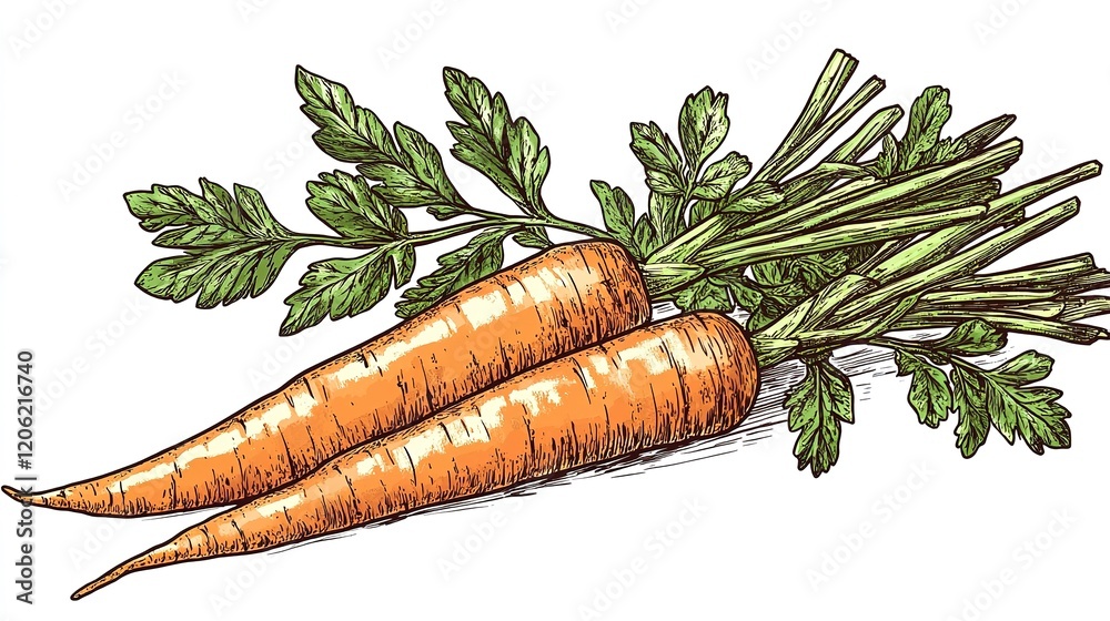 Fresh carrots with green leaves isolated on a white background showcasing vibrant colors and textures Fresh carrots with green leaves isolated on a white background showcasing vibrant colors and textures