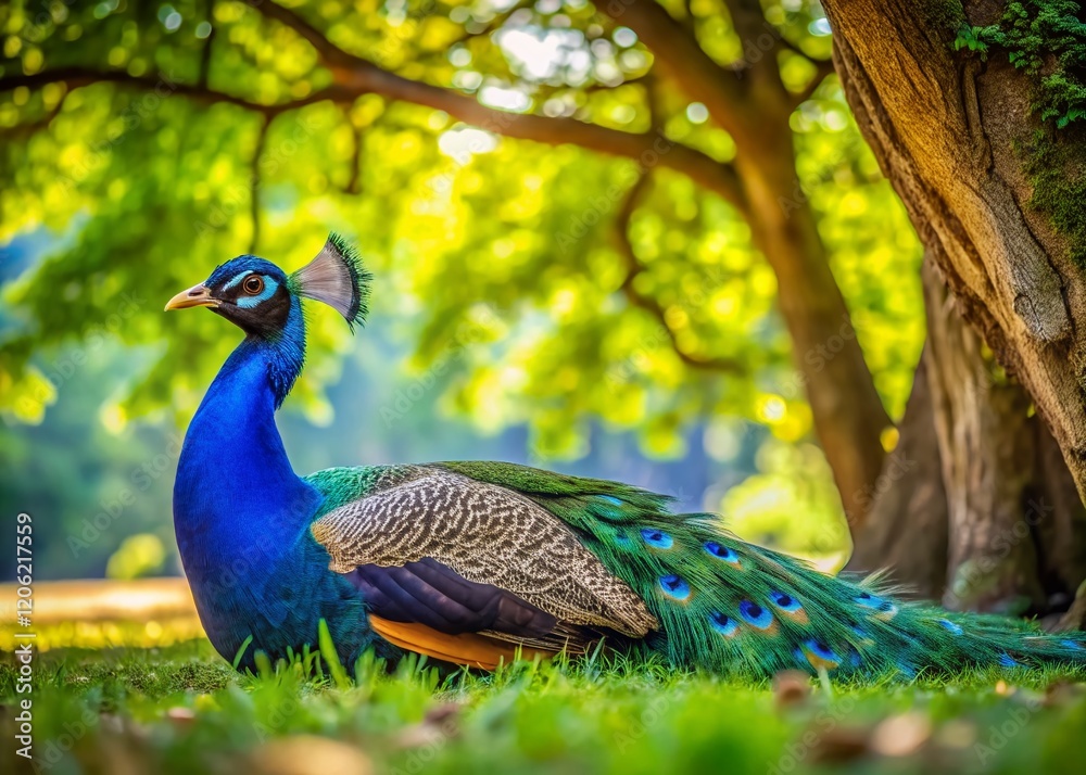 Majestic Peacock Resting Underneath Lush Tree in Park - High-Resolution Stock Photo