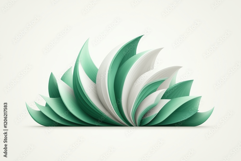 Abstract green and white leaf-inspired shapes arranged in a dynamic composition on a white background. Represents growth and creativity. Suitable for branding and design. Abstract green and white leaf-inspired shapes arranged in a dynamic composition on a white background. Represents growth and creativity. Suitable for branding and design.