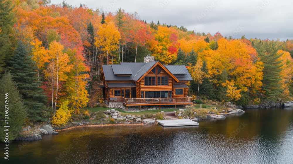 Fototapeta premium Lakeside Log Cabin Surrounded by Vibrant Fall Foliage