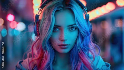 Woman with Pink and Blue Hair Wearing Headphones in Neon Lights