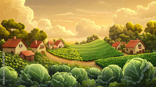 Enchanting vegetable countryside with rolling broccoli hills and whimsical cabbage houses at sunrise. Whimsical Market. Illustration photo