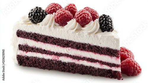 A delectable slice of layered cake filled with smooth cream and topped with fresh raspberries and blackberries, offering a tempting treat for dessert lovers. photo