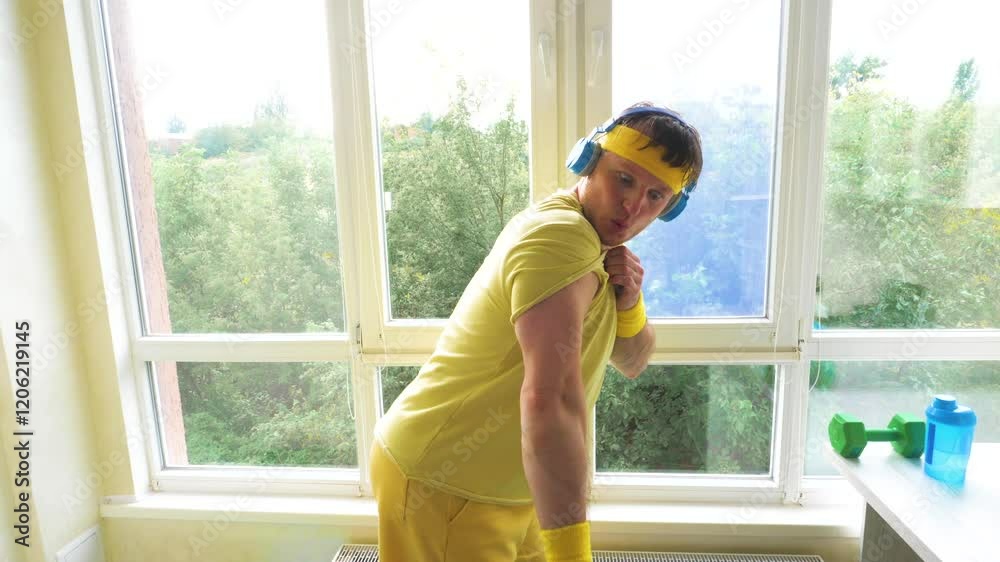Comic funny athlete with dumbbells pumps a muscle while listening to music on headphones. A young funny guy training at home. Workout with dumbbells. Slow motion. Comic funny athlete with dumbbells pumps a muscle while listening to music on headphones. A young funny guy training at home. Workout with dumbbells. Slow motion.