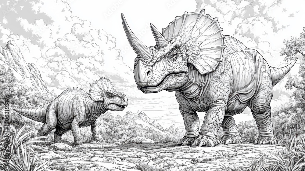 Fototapeta premium Discovering the majestic world of dinosaurs with a triceratops and its young companion in a prehistoric landscape