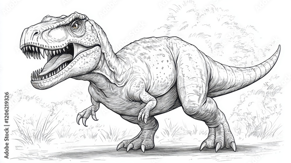 Naklejka premium Coloring page featuring a detailed sketch of a roaring T-Rex dinosaur surrounded by lush prehistoric foliage