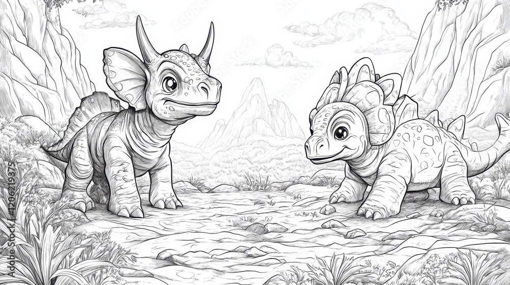 Obraz premium Dinosaurs explore a prehistoric valley in a fun and imaginative coloring activity for all ages