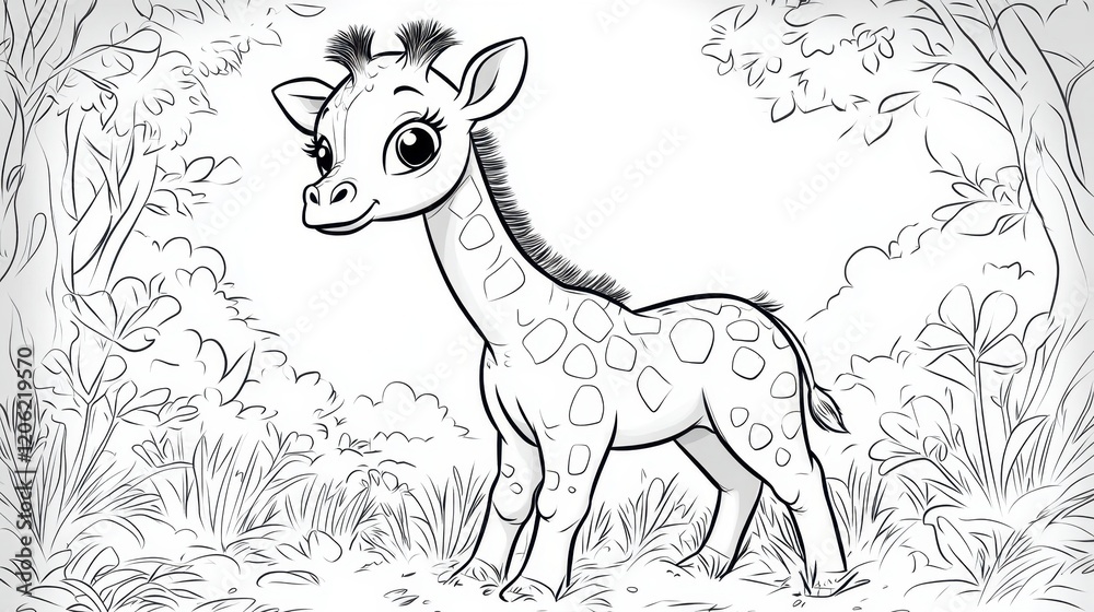 Coloring page featuring a cute giraffe standing in a lush forest surrounded by trees and plants ready for a fun artistic experience Coloring page featuring a cute giraffe standing in a lush forest surrounded by trees and plants ready for a fun artistic experience