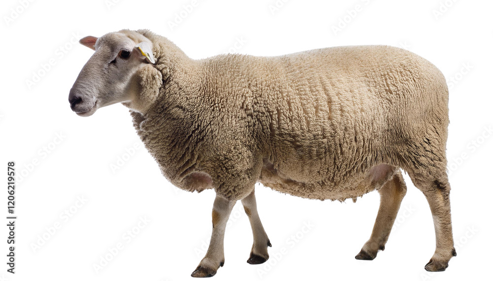 Fototapeta premium Close-up photo of a sheep with long, white wool isolated on white background