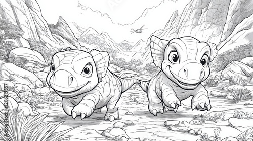 Coloring fun with playful dinosaur friends running through a vibrant prehistoric landscape filled with mountains and greenery photo