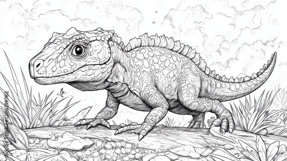 Obraz premium Creative prehistoric creature coloring page featuring a detailed dinosaur-like figure in a lush outdoor environment